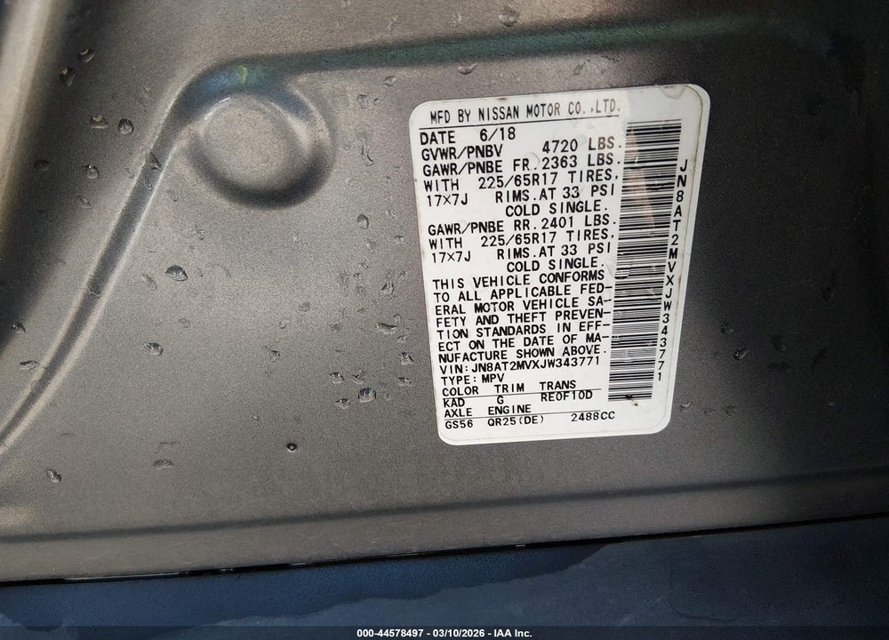 2018 NISSAN ROGUE SV VIN: JN8AT2MVXJW343771