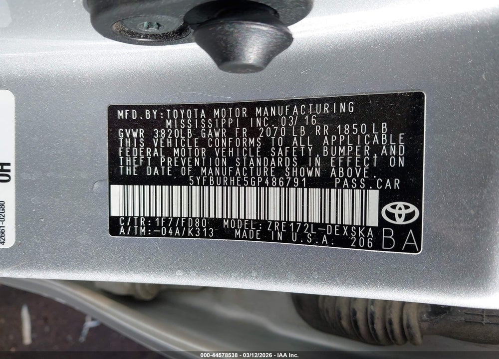 2016 TOYOTA COROLLA S PLUS VIN: 5YFBURHE5GP486791
