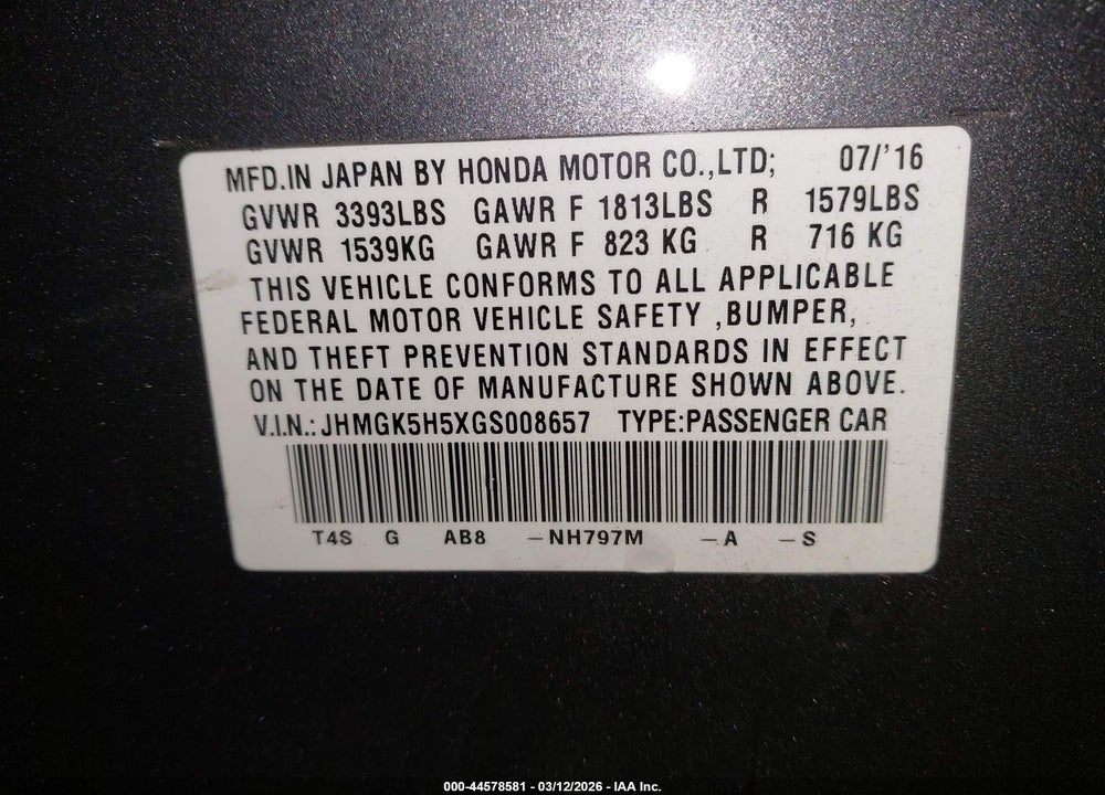 2016 HONDA FIT LX VIN: JHMGK5H5XGS008657