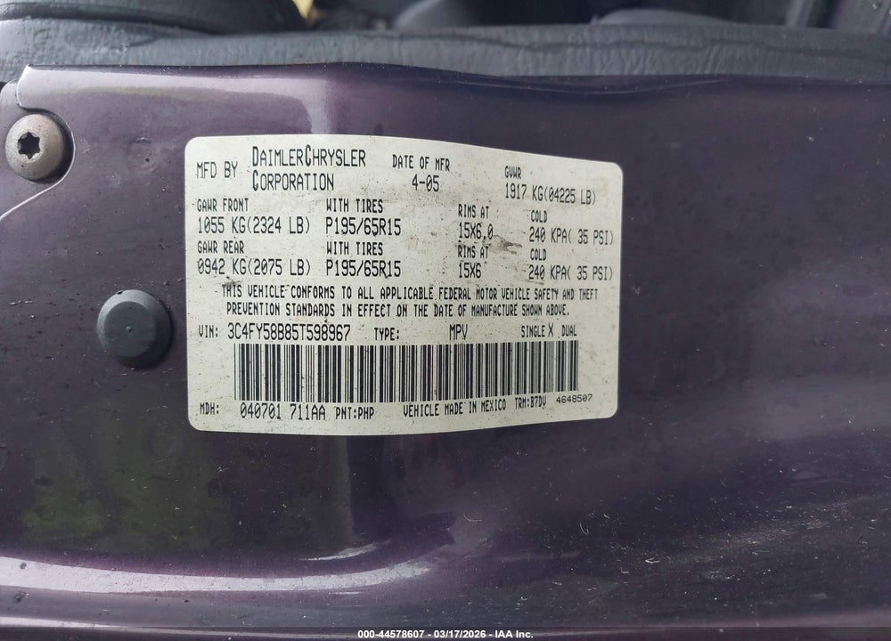 2005 CHRYSLER PT CRUISER TOURING VIN: 3C4FY58B85T598967
