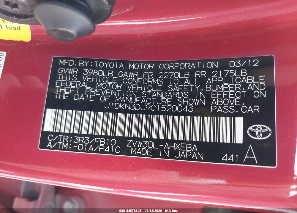 2012 TOYOTA PRIUS TWO VIN: JTDKN3DU9C1520043