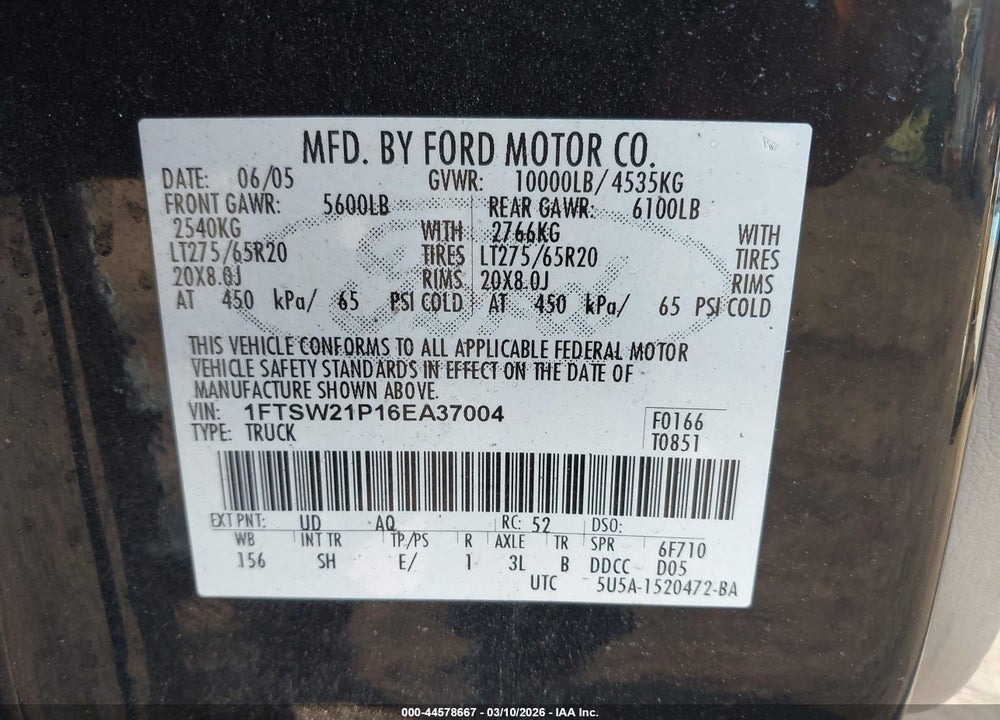 2006 FORD F250 SUPER VIN: 1FTSW21P16EA37004