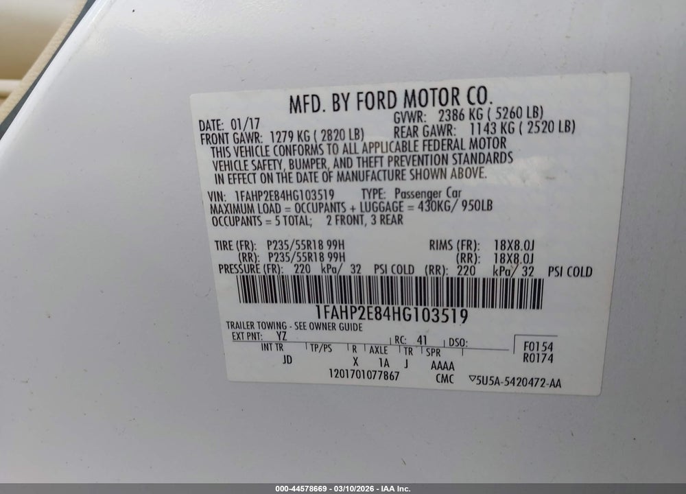 2017 FORD TAURUS SEL VIN: 1FAHP2E84HG103519