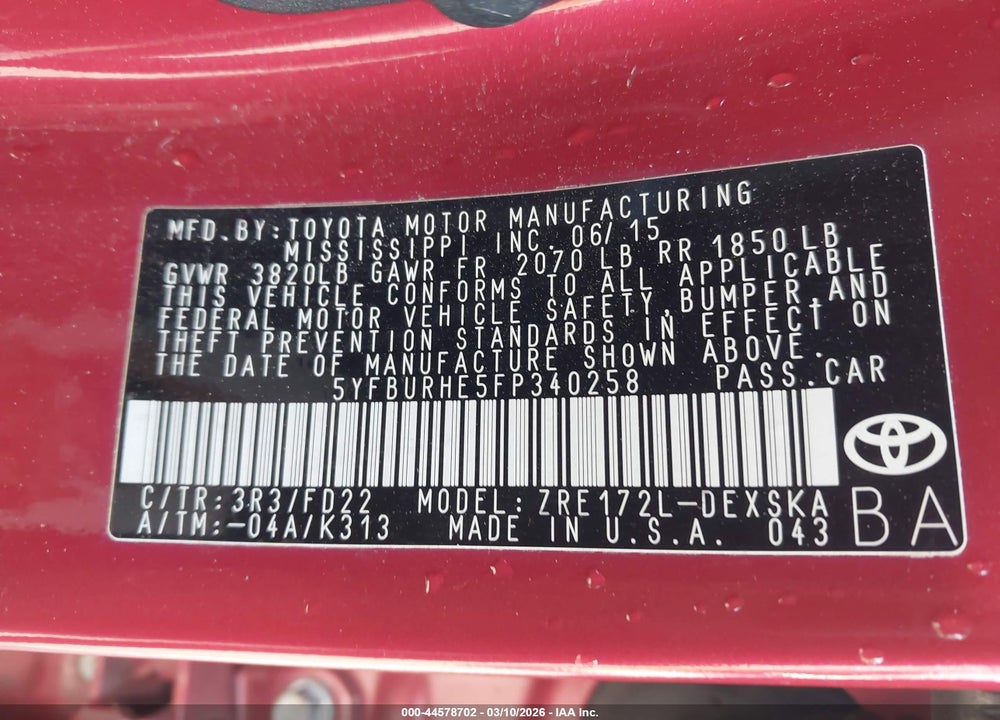 2015 TOYOTA COROLLA S PLUS VIN: 5YFBURHE5FP340258