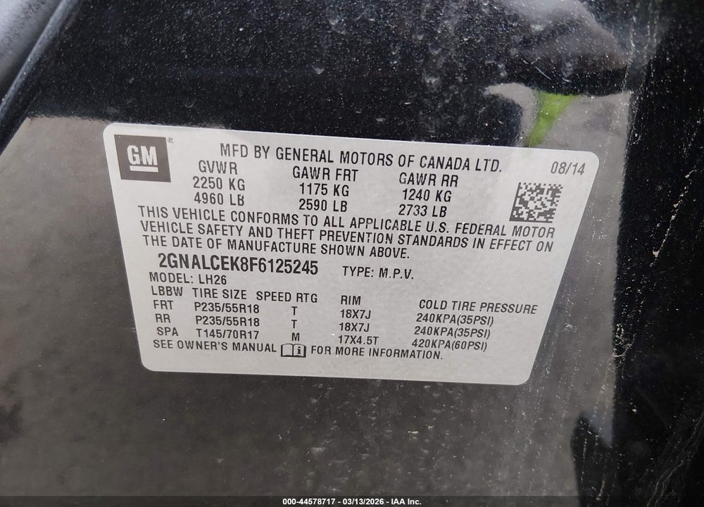 2015 CHEVROLET EQUINOX 2LT VIN: 2GNALCEK8F6125245