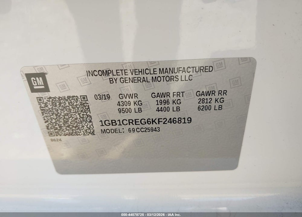 2019 CHEVROLET SILVERADO 2500HD WT VIN: 1GB1CREG6KF246819
