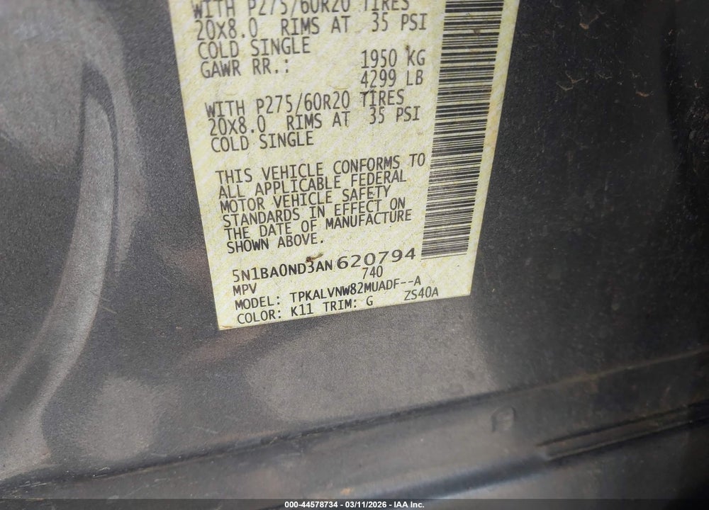 2010 NISSAN ARMADA TITANIUM VIN: 5N1BA0ND3AN620794