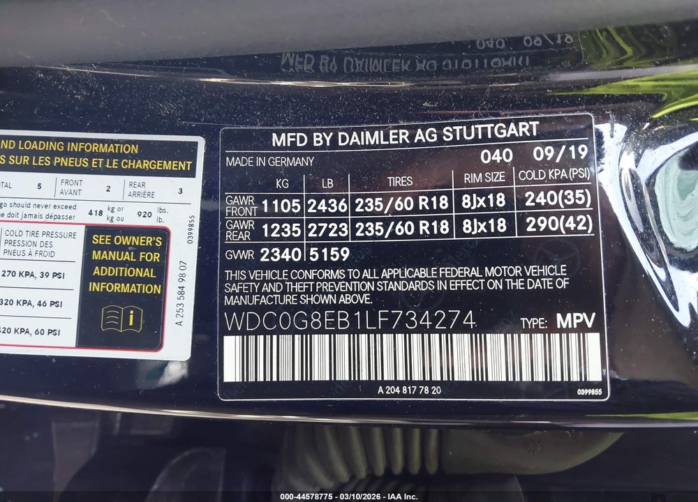 2020 MERCEDES-BENZ GLC 300 4MATIC VIN: WDC0G8EB1LF734274