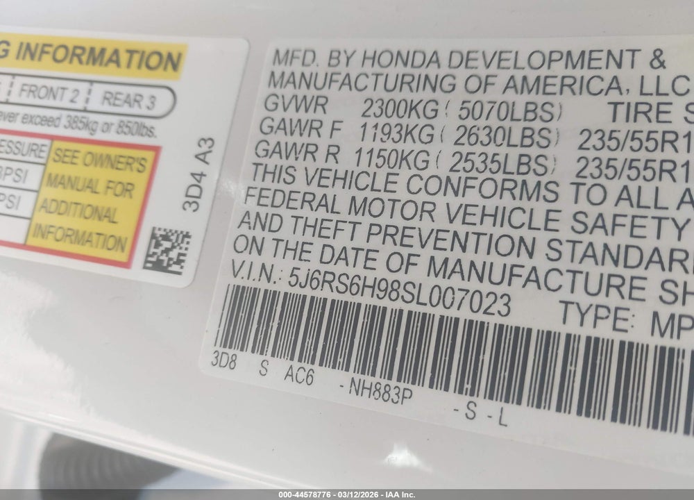 2025 HONDA CR-V HYBRID SPORT TOURING VIN: 5J6RS6H98SL007023