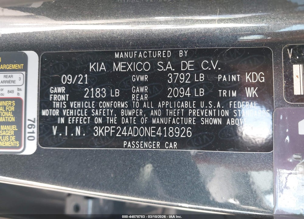 2022 KIA FORTE LXS VIN: 3KPF24AD0NE418926