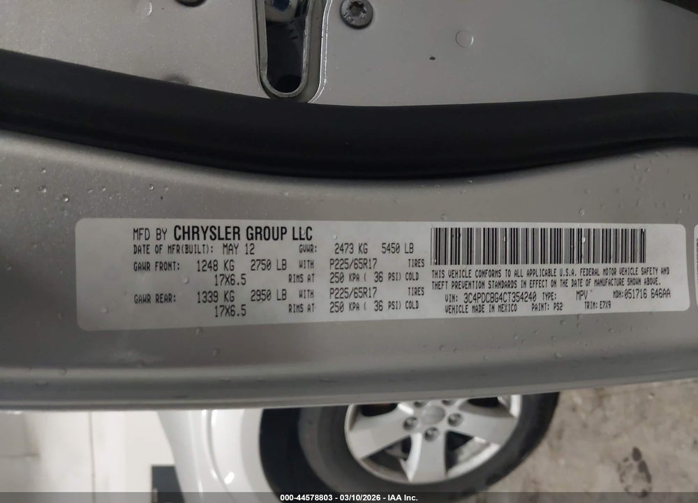 2012 DODGE JOURNEY SXT VIN: 3C4PDCBG4CT354240