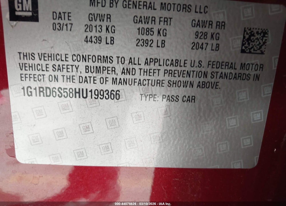2017 CHEVROLET VOLT PREMIER VIN: 1G1RD6S58HU199366