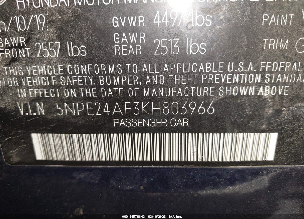 2019 HYUNDAI SONATA SE VIN: 5NPE24AF3KH803966