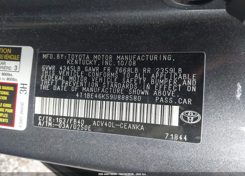 2009 TOYOTA CAMRY LE VIN: 4T1BE46K59U888580