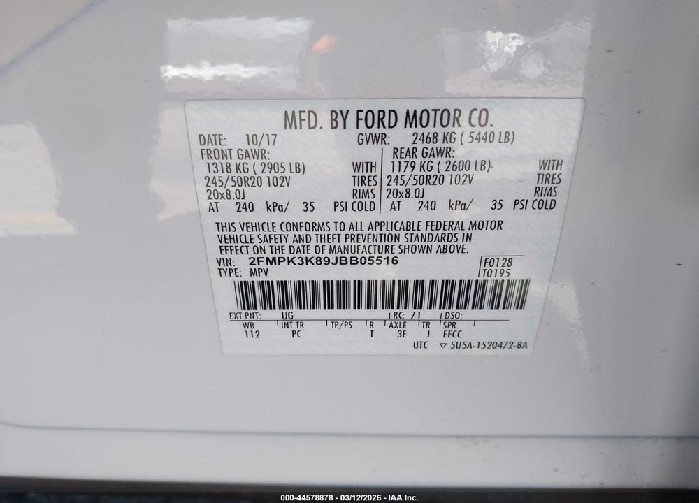 2018 FORD EDGE TITANIUM VIN: 2FMPK3K89JBB05516