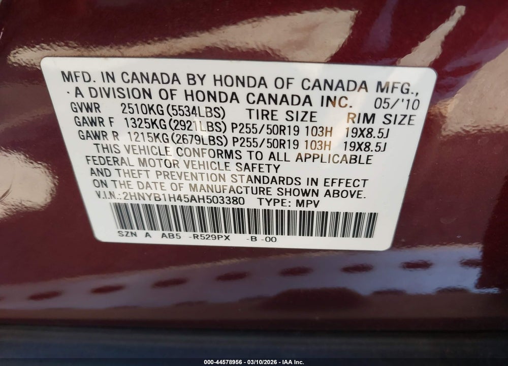 2010 ACURA ZDX VIN: 2HNYB1H45AH503380