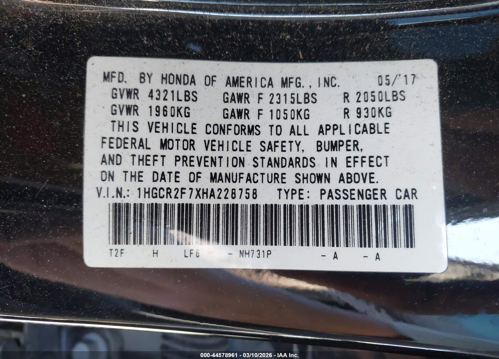 2017 HONDA ACCORD EX VIN: 1HGCR2F7XHA228758