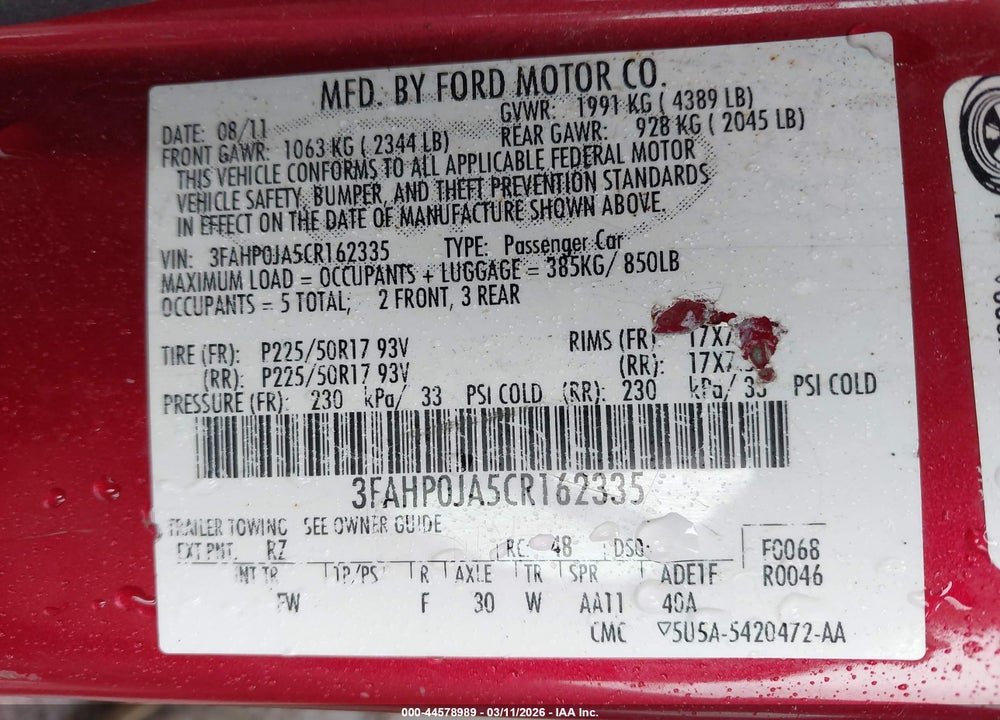2012 FORD FUSION SEL VIN: 3FAHP0JA5CR162335