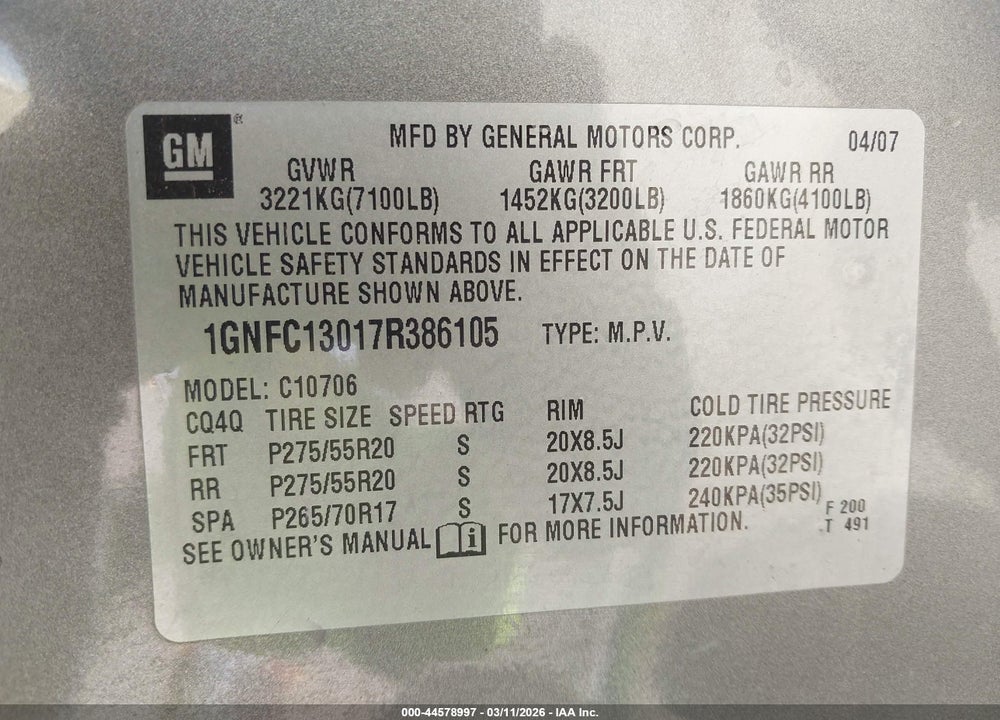 2007 CHEVROLET TAHOE LT VIN: 1GNFC13017R386105