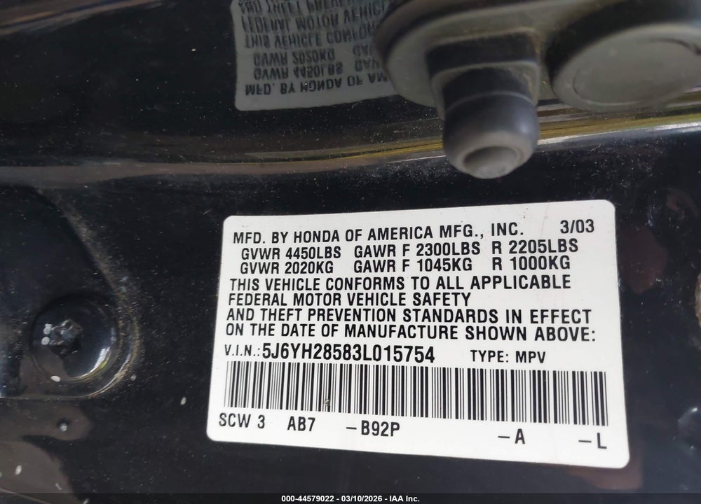 2003 HONDA ELEMENT EX VIN: 5J6YH28583L015754