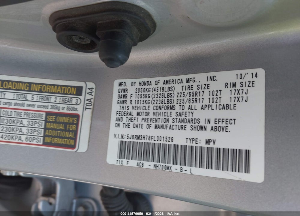 2015 HONDA CR-V EX-L VIN: 5J6RM3H78FL001526
