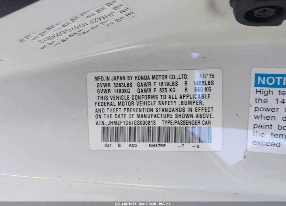 2016 HONDA CR-Z EX/EX-L NAVI VIN: JHMZF1D67GS000813
