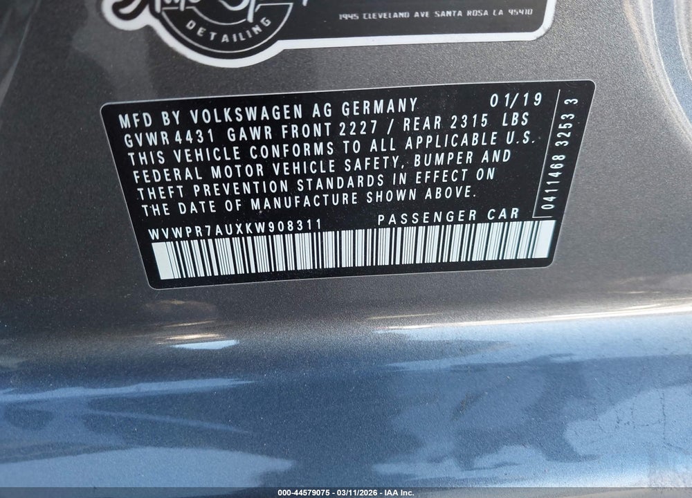2019 VOLKSWAGEN E-GOLF SEL PREMIUM VIN: WVWPR7AUXKW908311