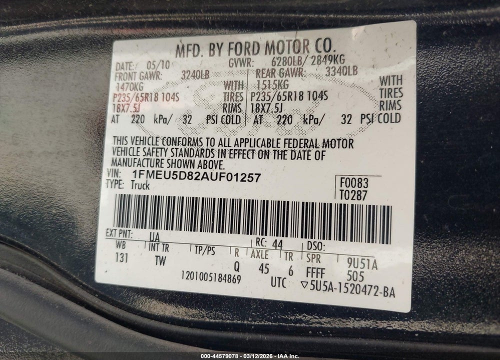 2010 FORD EXPLORER SPORT TRAC LIMITED VIN: 1FMEU5D82AUF01257