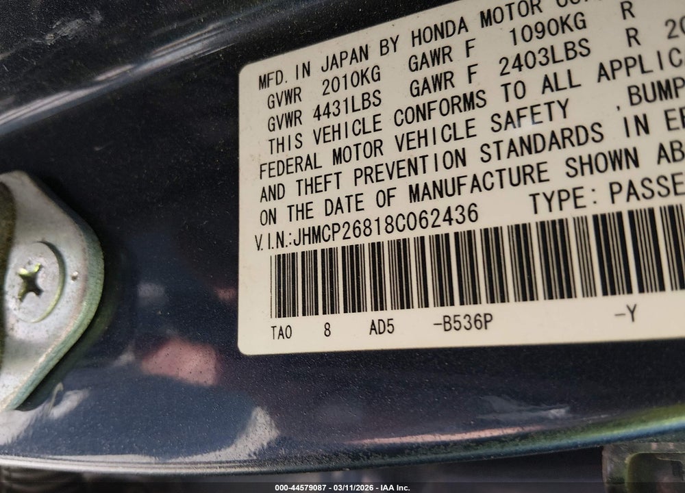 2008 HONDA ACCORD 2.4 EX-L VIN: JHMCP26818C062436
