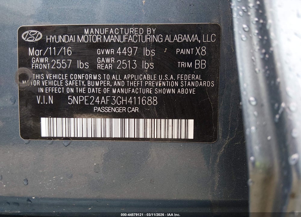 2016 HYUNDAI SONATA VIN: 5NPE24AF3GH411688