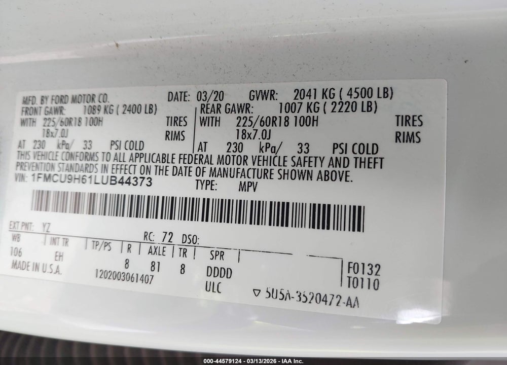 2020 FORD ESCAPE SEL VIN: 1FMCU9H61LUB44373