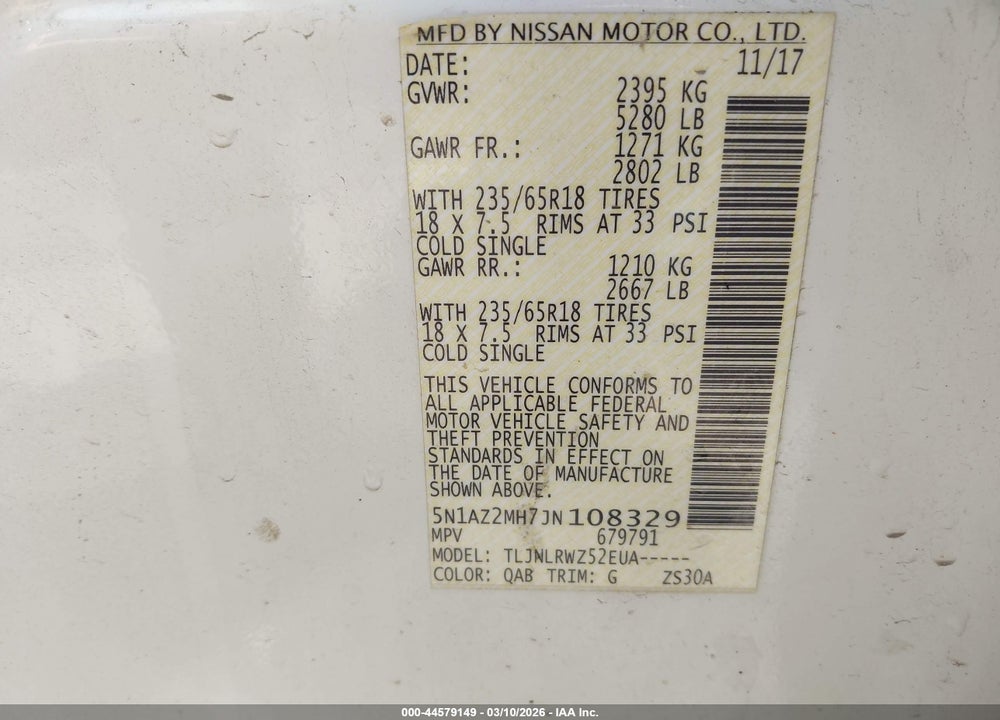 2018 NISSAN MURANO SL VIN: 5N1AZ2MH7JN108329