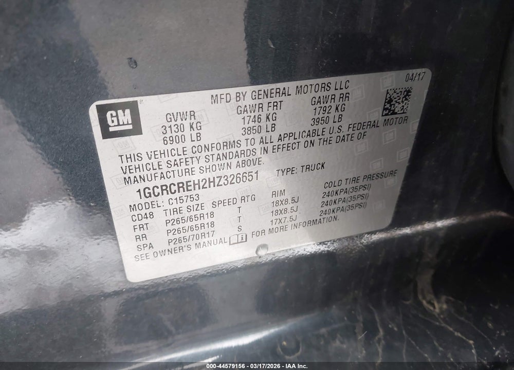 2017 CHEVROLET SILVERADO 1500 1LT VIN: 1GCRCREH2HZ326651
