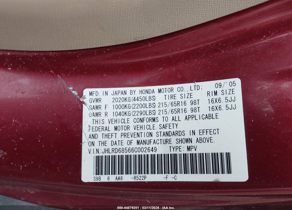 2006 HONDA CR-V VIN: JHLRD68566C002649