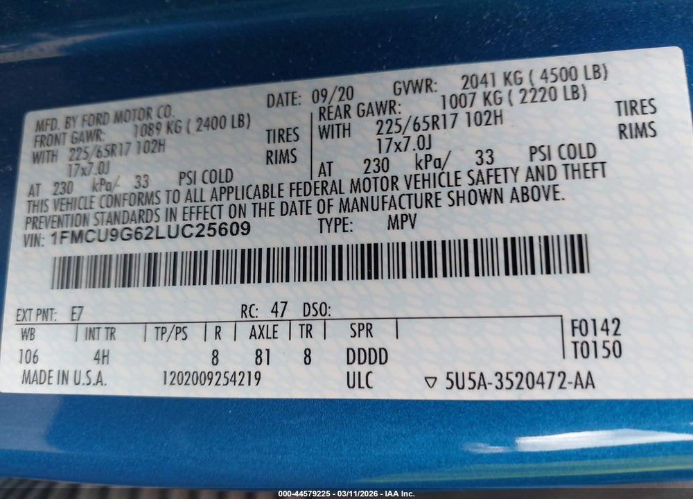 2020 FORD ESCAPE SE VIN: 1FMCU9G62LUC25609