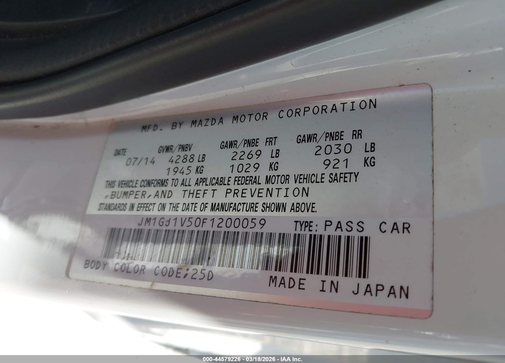 2015 MAZDA 6 I TOURING VIN: JM1GJ1V50F1200059