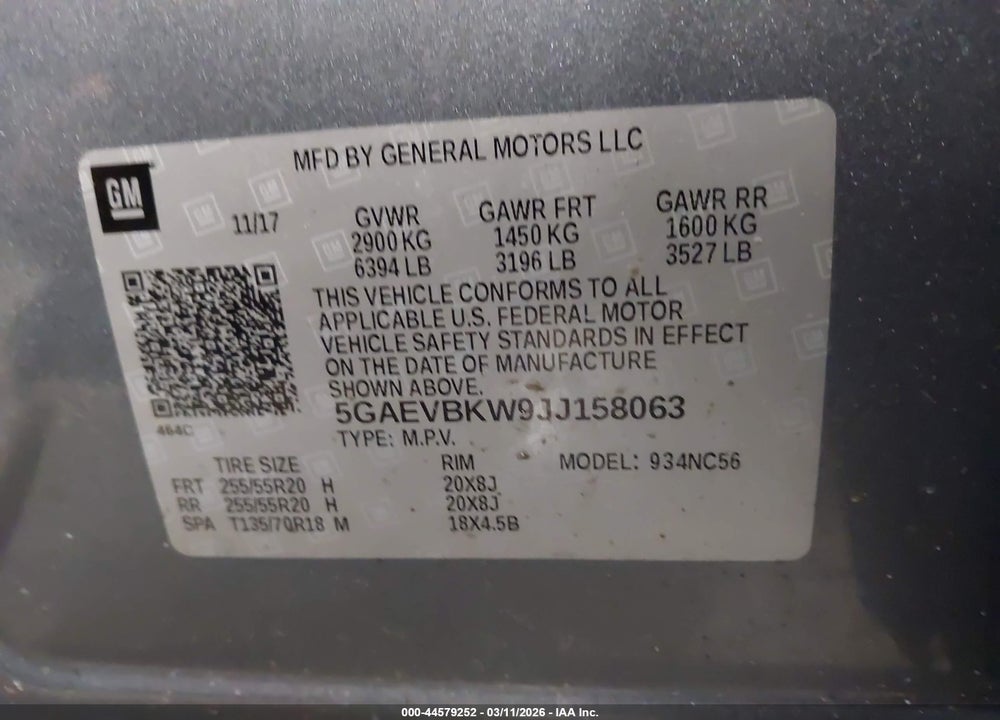 2018 BUICK ENCLAVE PREMIUM VIN: 5GAEVBKW9JJ158063