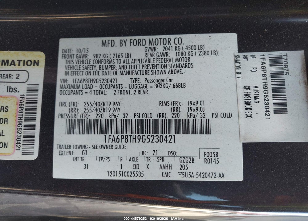 2016 FORD MUSTANG ECOBOOST VIN: 1FA6P8TH9G5230421