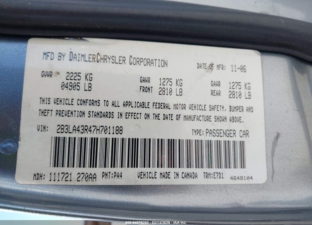 2007 DODGE CHARGER VIN: 2B3LA43R47H701188