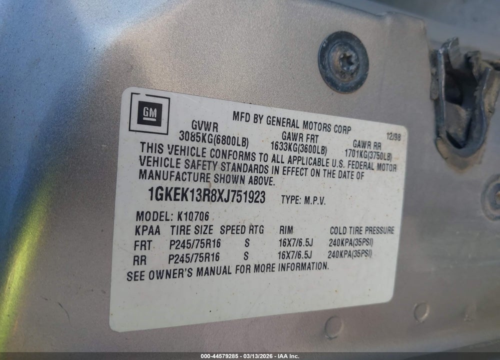 1999 GMC YUKON SLT CMI VIN: 1GKEK13R8XJ751923