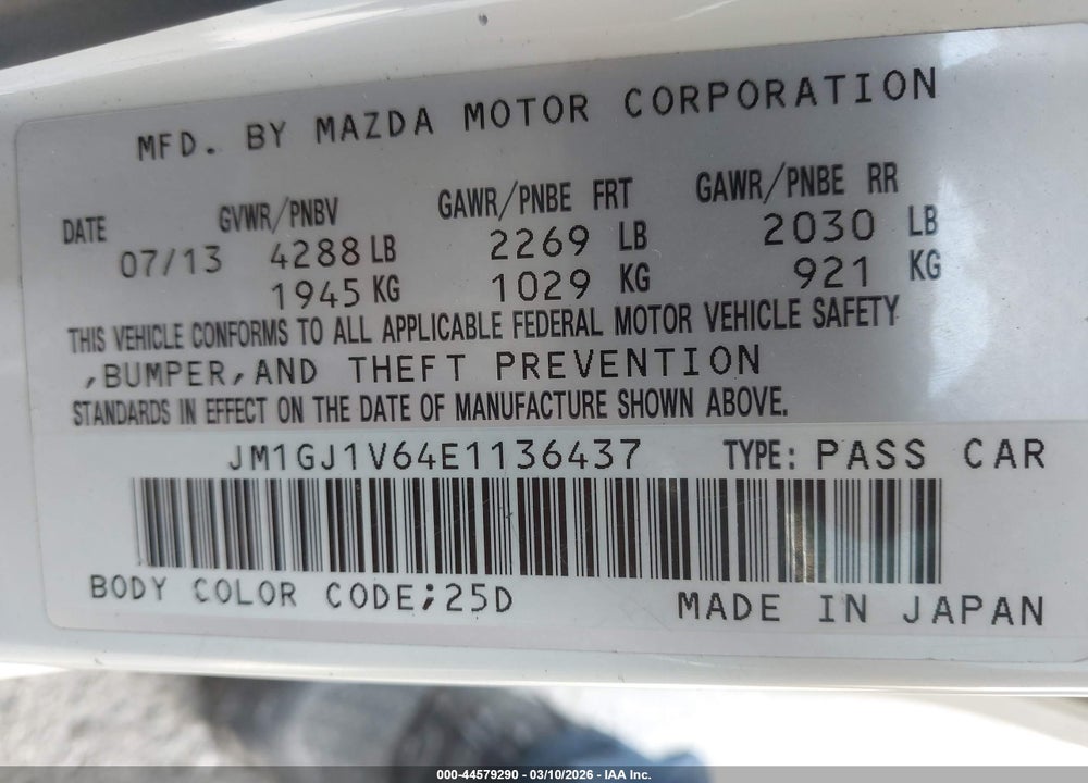 2014 MAZDA 6 I TOURING VIN: JM1GJ1V64E1136437