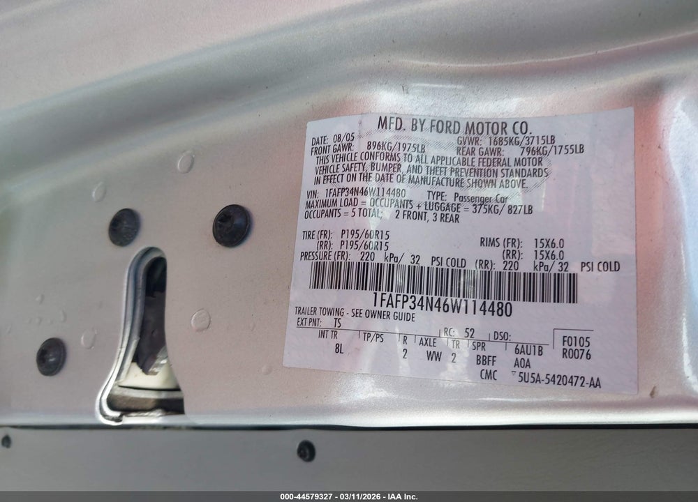 2006 FORD FOCUS ZX4 VIN: 1FAFP34N46W114480