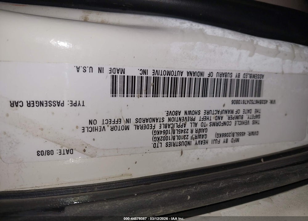 2004 SUBARU OUTBACK VIN: 4S3BH675247613806
