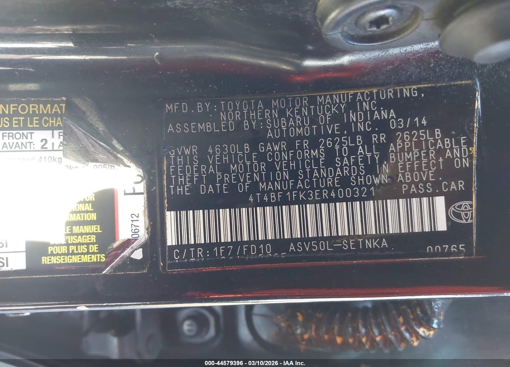 2014 TOYOTA CAMRY LE VIN: 4T4BF1FK3ER400321