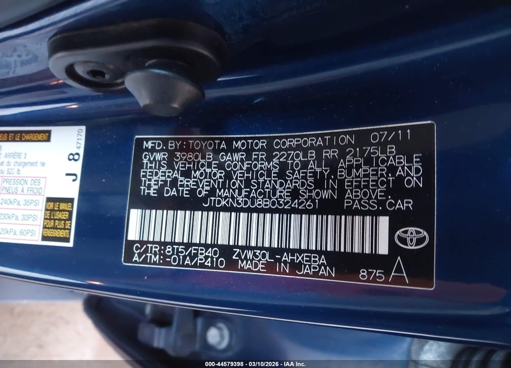 2011 TOYOTA PRIUS VIN: JTDKN3DU8B0324261