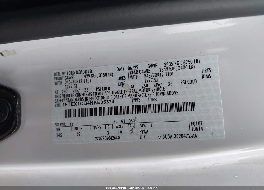 2022 FORD F-150 XL VIN: 1FTEX1CB4NKE05374