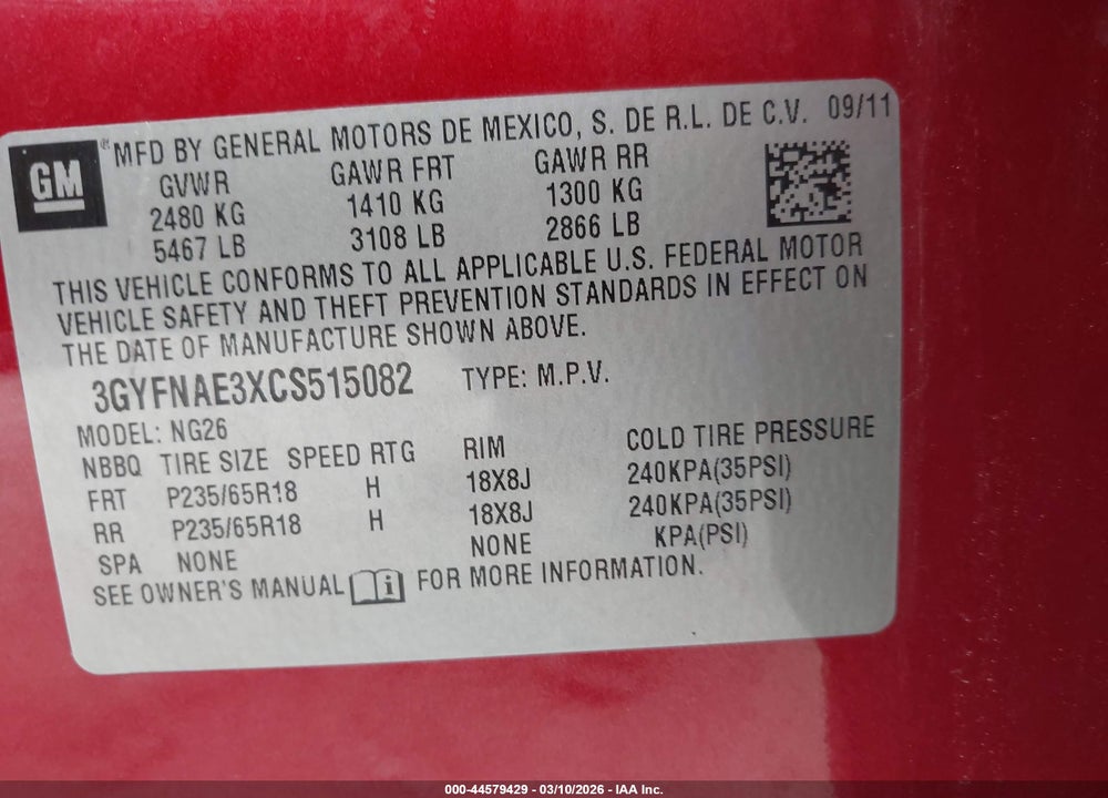 2012 CADILLAC SRX VIN: 3GYFNAE3XCS515082