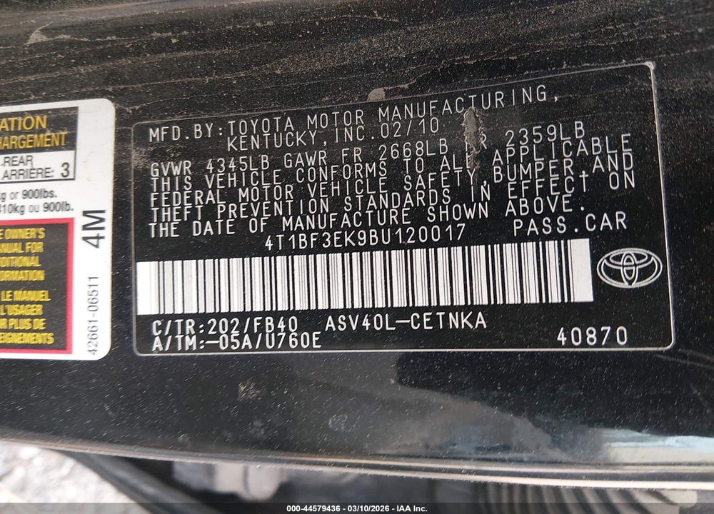 2011 TOYOTA CAMRY VIN: 4T1BF3EK9BU120017