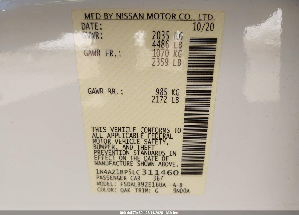 2020 NISSAN LEAF S 40 KWH VIN: 1N4AZ1BP5LC311460