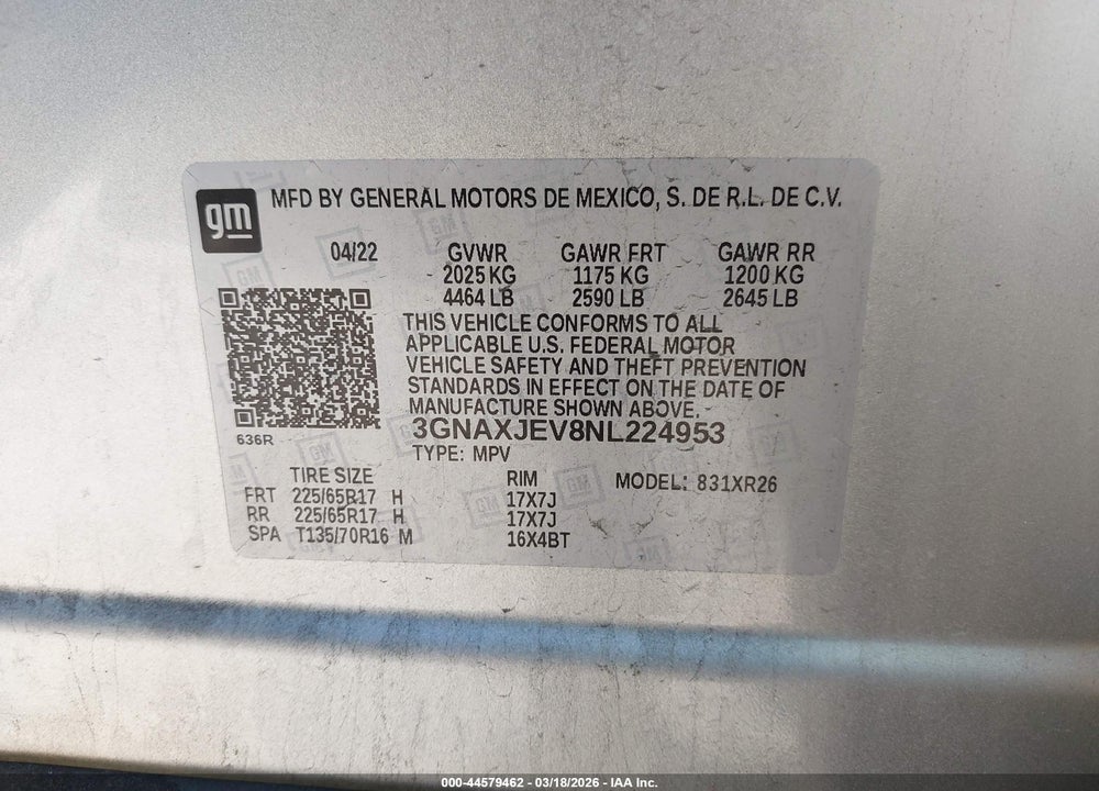 2022 CHEVROLET EQUINOX FWD 2FL VIN: 3GNAXJEV8NL224953